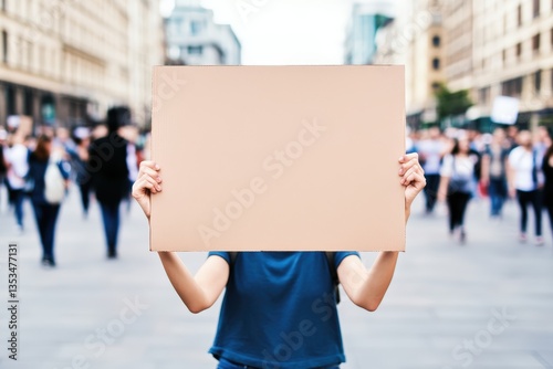 A person holds a blank sign in a busy public space, surrounded by a crowd, likely participating in a demonstration or protest, climate activist.