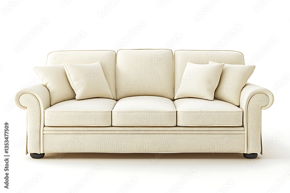 Fototapeta premium Beige couch with pillows on white backdrop, perfect for furniture store product