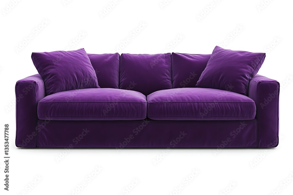 Fototapeta premium Purple fabric sofa on white backdrop, studio shot, for interior design and furniture