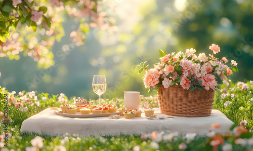 Stylish Spring Picnic Setup with Assorted Treats and Fresh Flowers