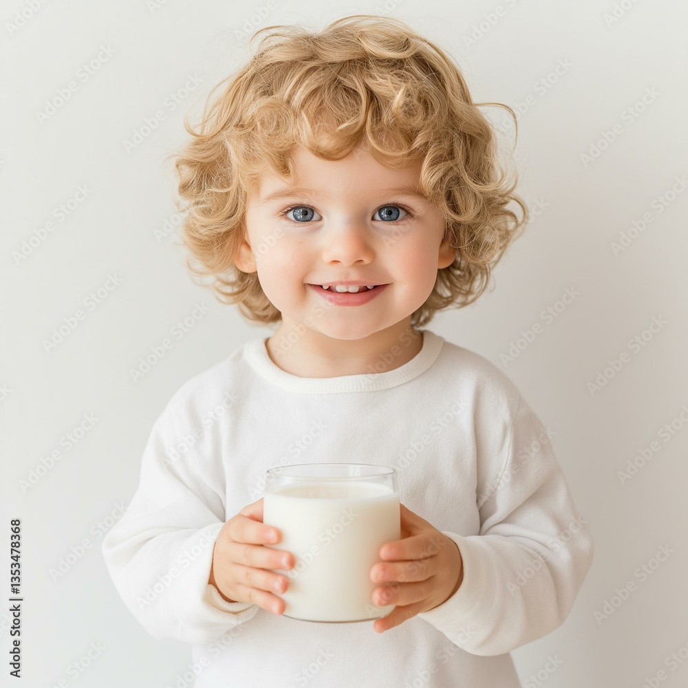 Cheerful child holding a glass of milk, showcasing joy and innocence in a bright, minimalist setting. Cheerful child holding a glass of milk, showcasing joy and innocence in a bright, minimalist setting.