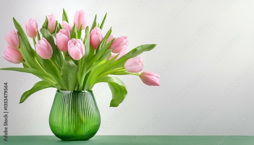 pink tulips in glass green vase on white background