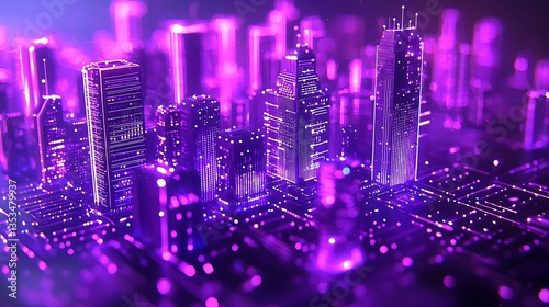 Futuristic purple cityscape on digital circuit board.