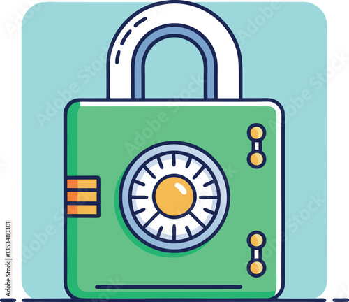 Combination lock vector illustration, A vector illustration of a green combination lock with a dial and key mechanism, symbolizing security and protection.
