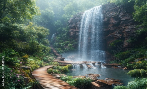 Wooden Walkway Leading to Cascading Waterfall Surrounded by Rugged Cliffs and Lush Greenery in Sweden National Park