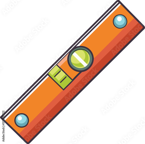Vector illustration of a level tool, A vector illustration of a level tool with orange ends and a green bubble, used for measuring the alignment or balance of surfaces.
