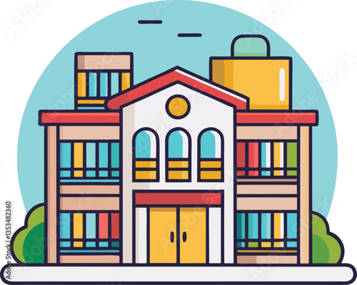 Vector illustration of modern library building with colorful books, A vector illustration of a modern library building featuring colorful bookshelves, a yellow suitcase on top, and a sleek design symb