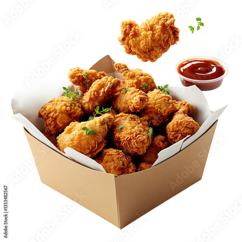 A Box of Crispy Fried Chicken with Dipping Sauces Isolated on Transparent Background