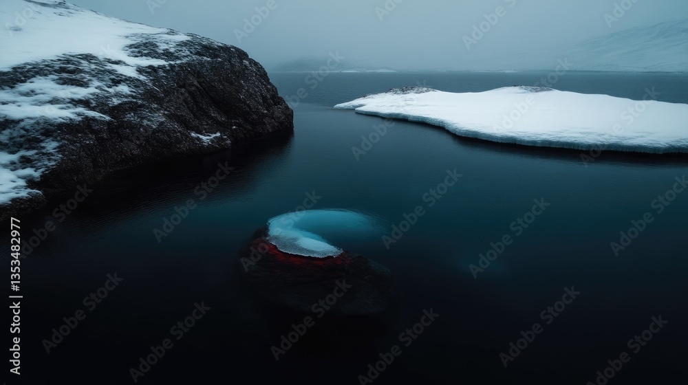 Obraz premium Frozen arctic waters.?Misty, dark landscape of icy rocks and a body of water