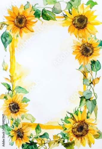 Watercolor sunflower border frame on white background