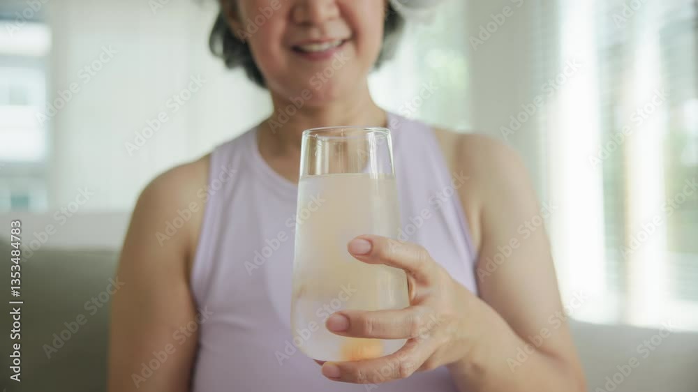 Asia adult people middle age happy old woman smile drink vitamin d c e k zinc water pill reduce hot flash dry skin health care sit at home sofa elder aging asian aged female. Take diet food relief
