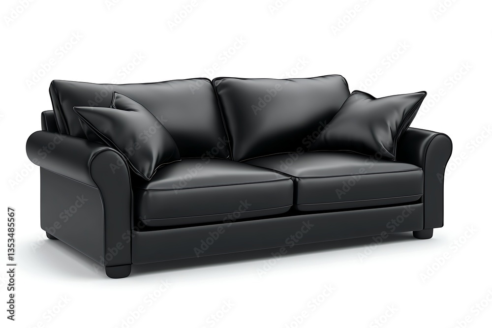 Fototapeta premium Black leather sofa with pillows against white backdrop for catalog, interior design, or home use