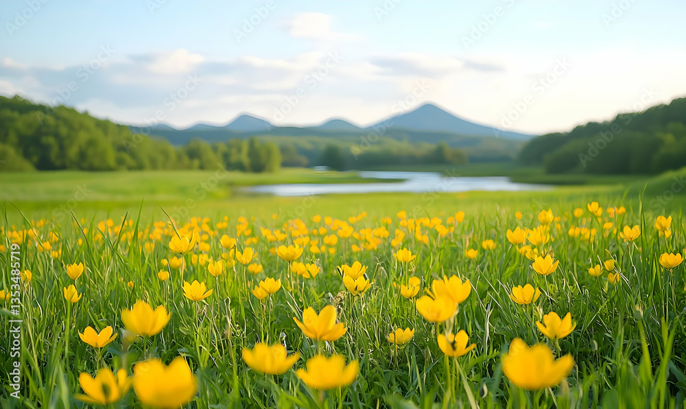 Fototapeta premium Scenic Landscape with Yellow Flowers and Mountains in Background