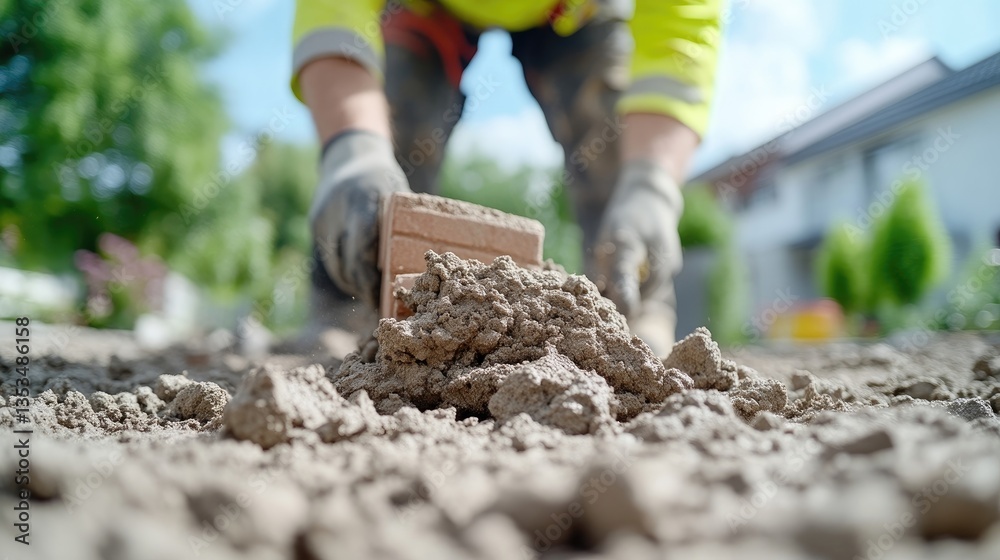 Naklejka premium Construction worker placing brick in mortar mix
