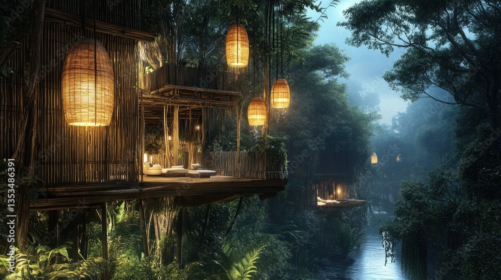 Exotic rainforest treehouse resort nestled amongst bamboo with illuminated lanterns Exotic rainforest treehouse resort nestled amongst bamboo with illuminated lanterns