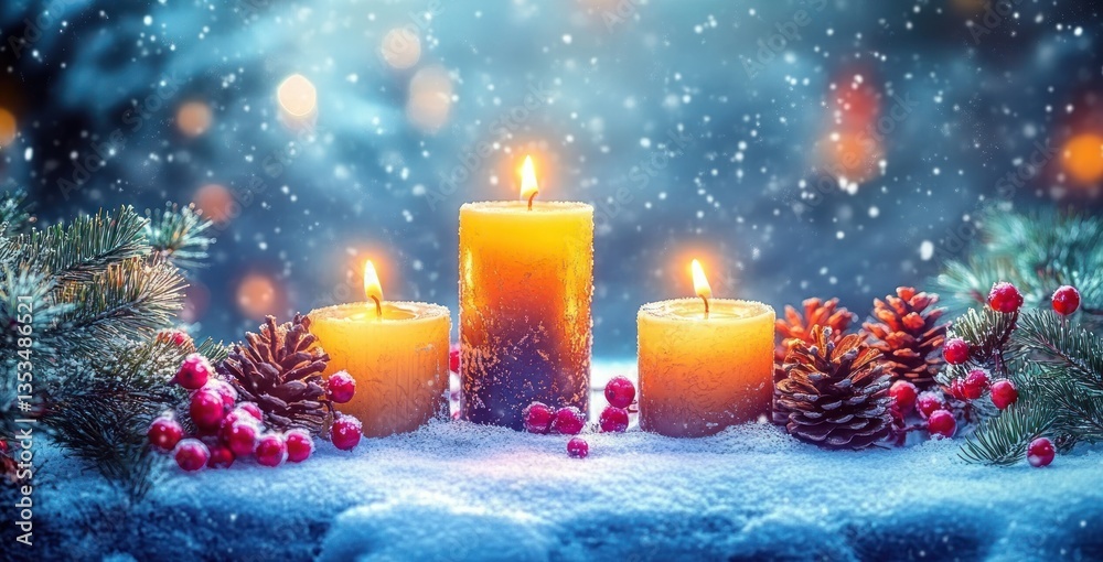 Advent Celebration with Purple Candles and Christmas Ornaments on Snowy Surface