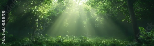 Lush green forest with sunlight filtering through the canopy, creating a serene atmosphere.