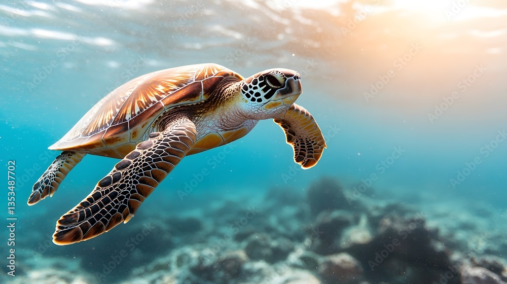 Obraz premium Graceful Sea Turtle Swimming Freely Underwater in Vibrant Ocean Scene