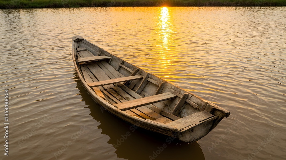 Fototapeta premium Tranquil Wooden Boat Anchored on Calm Water at Sunset Glow