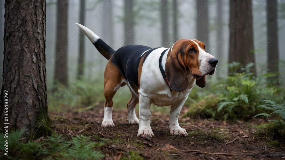 Determined Basset Hound Sniffing the Trail in Misty Woodland Determined Basset Hound Sniffing the Trail in Misty Woodland
