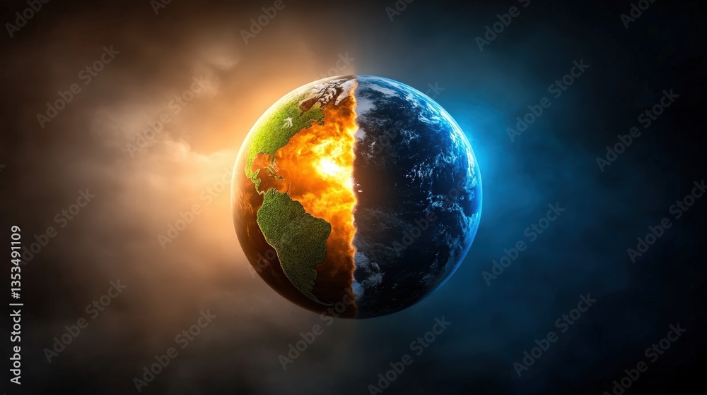 Fototapeta premium A striking image of Earth, split into two halves: one side depicting flames and destruction, the other showcasing serene blue and green landscapes, climate activist.