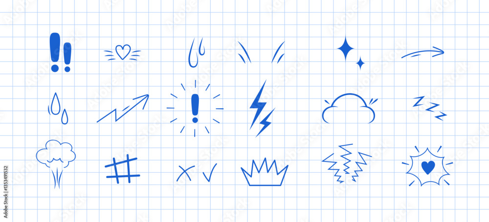 Obraz premium Anime Emotion effect. Doodle manga icons. Idea and exclamation symbol. Pop art clipart. Scribble vector illustration on checkered notebook sheet.