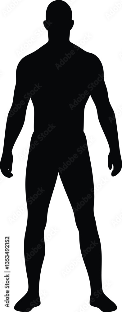 Silhouette of a standing male figure with arms at sides, showcasing a full-body profile on a white background. Vector illustration Silhouette of a standing male figure with arms at sides, showcasing a full-body profile on a white background. Vector illustration