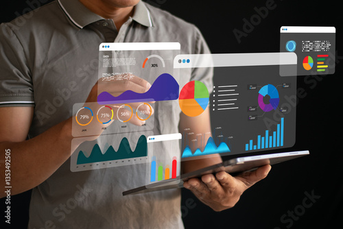 Analysts use laptops and technology for business data analysis, data collection for reporting, and digital marketing.