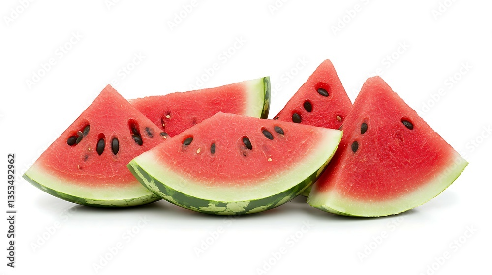 Fresh watermelon slices with vibrant red flesh and green rind arranged aesthetically on a white background. fruit and vegetable slices Fresh watermelon slices with vibrant red flesh and green rind arranged aesthetically on a white background. fruit and vegetable slices