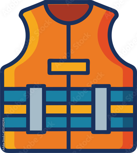 Vector illustration of orange life jacket with straps, A vector illustration of an orange life jacket with blue and yellow straps, designed for water safety and emergency situations.
