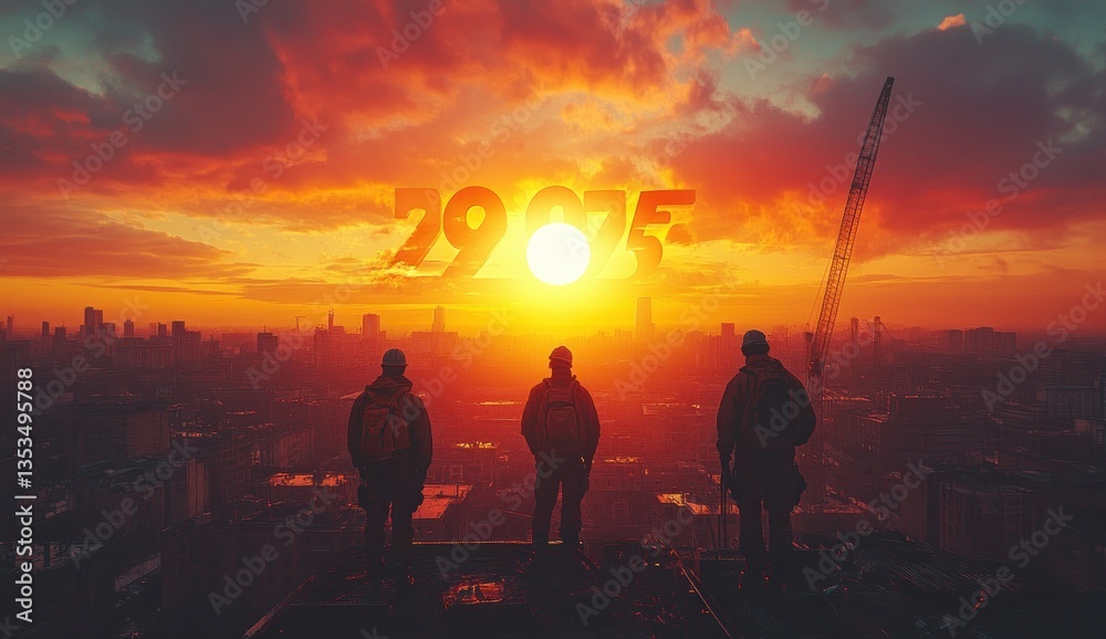 Fototapeta premium Silhouettes of Construction Workers and Cranes Building 2025 at Sunset
