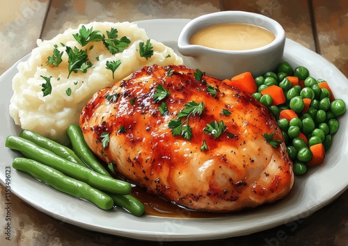 Roasted Chicken Leg with Mashed Potatoes and Gravy, Green Beans and Carrots on Dinner Plate Icon