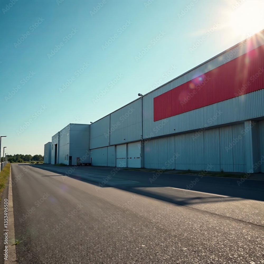 Fototapeta premium Exterior of large factory with sun shining on facade, structure, industrial building