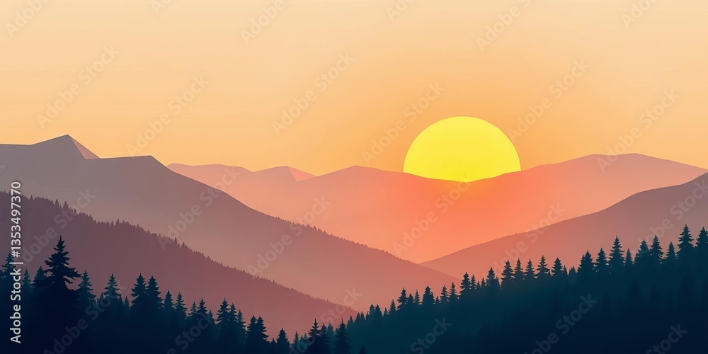 Obraz premium Flat style vector mountain landscape Minimalist polygonal sunrise, misty slopes, forest , clean, sunrise