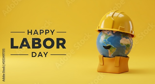 Happy Labor Day illustration of earth wearing a construction helmet and overalls