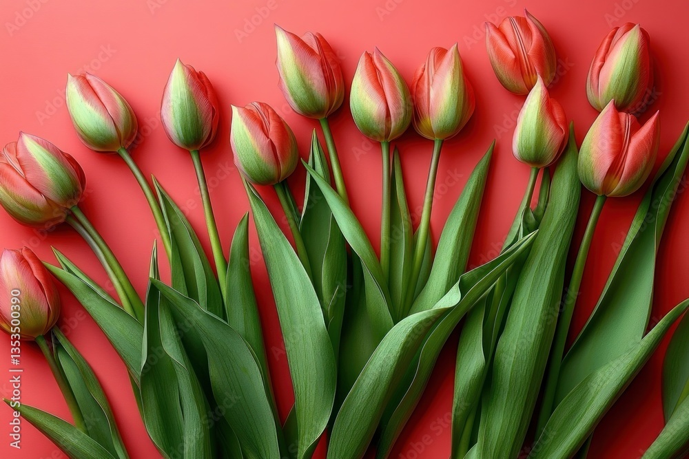 Fototapeta premium Vibrant tulip buds on coral background fresh springtime composition minimalist design