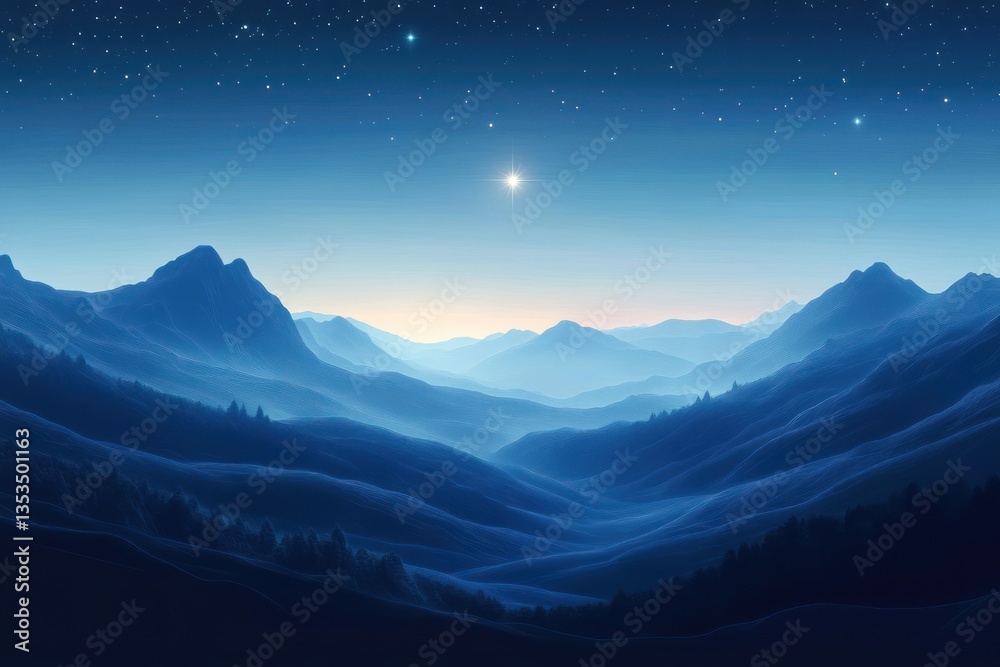 Peaceful Twilight Landscape with the Shining Star of Bethlehem Over Rolling Hills Peaceful Twilight Landscape with the Shining Star of Bethlehem Over Rolling Hills
