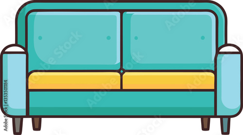 Vector Modern Sofa with Teal and Yellow Cushions Icon Design, A vector design of a modern sofa with teal cushions and yellow seat, perfect for stylish home decor and interior design.
