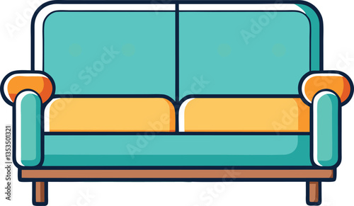 Vector Colorful Sofa with Orange and Teal Cushions Icon Design, A vector design of a colorful sofa with teal cushions and orange armrests, perfect for home decor and interior design themes.
