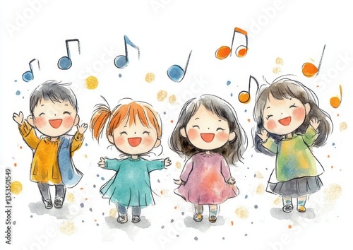 Cheerful Children Singing Together Colorful Whimsical Watercolor Illustration