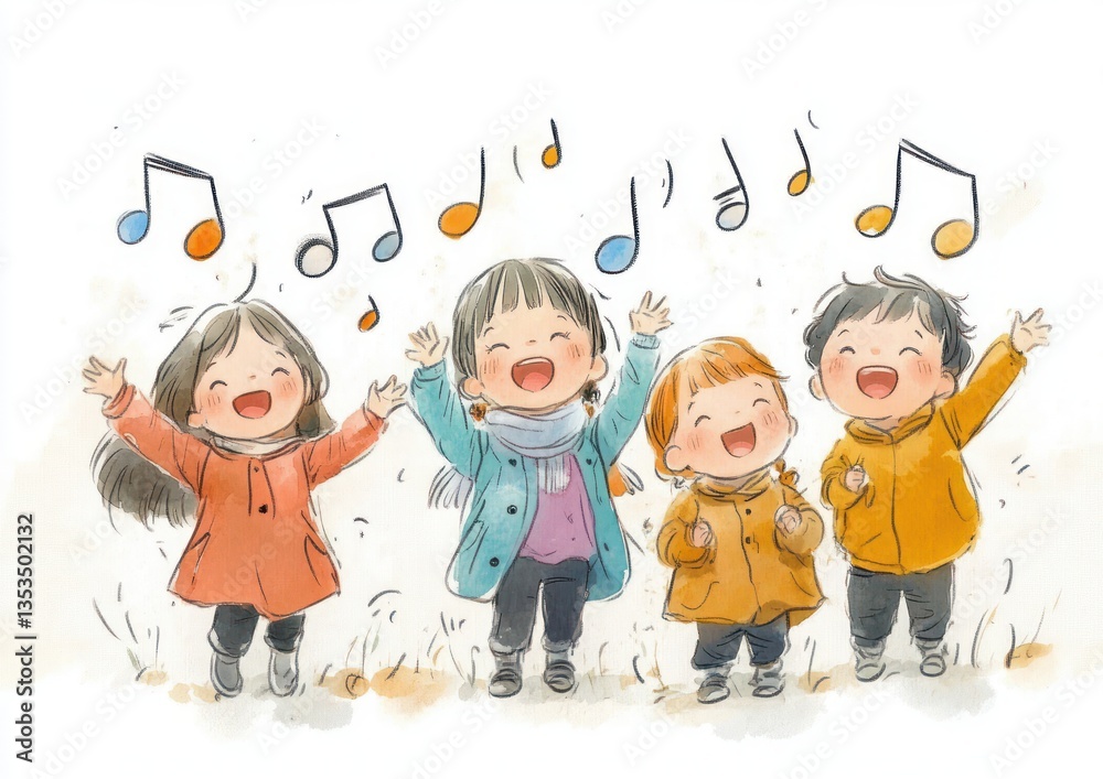 Cheerful Singing Children Colorful Cute Hand Drawn Illustration