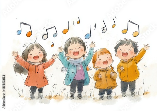 Obraz na płótnie Cheerful Singing Children Colorful Cute Hand Drawn Illustration w salonie