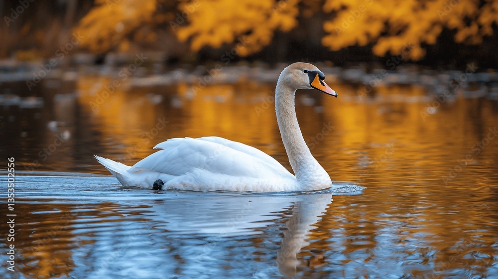 Fototapeta premium Elegant white swan swimming on calm autumn lake.