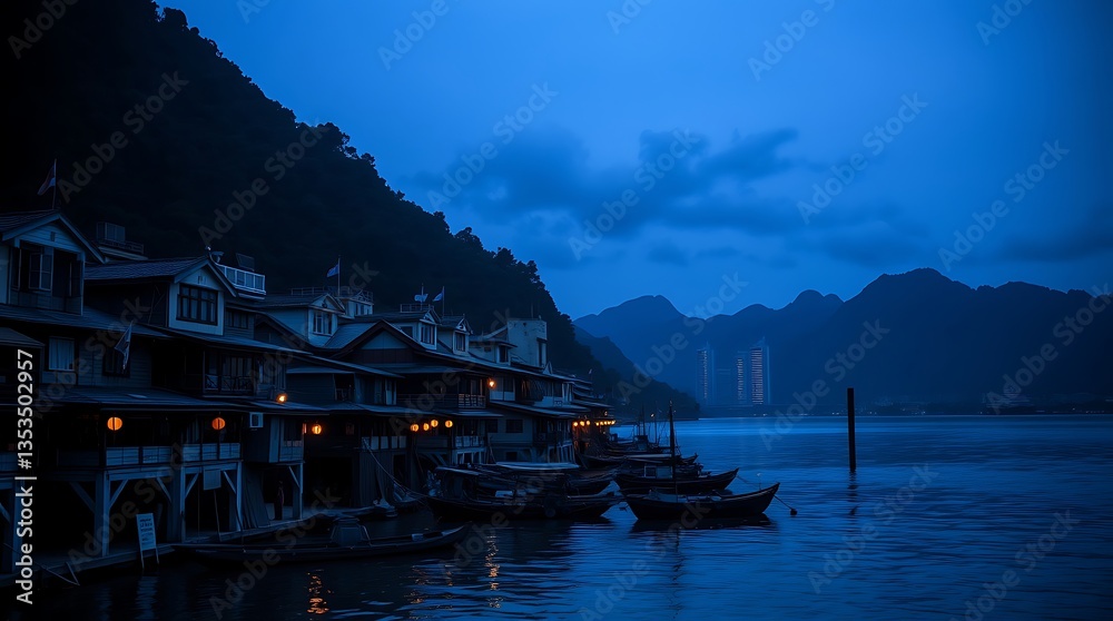 Fototapeta premium Twilight over waterfront village nestled between mountains.