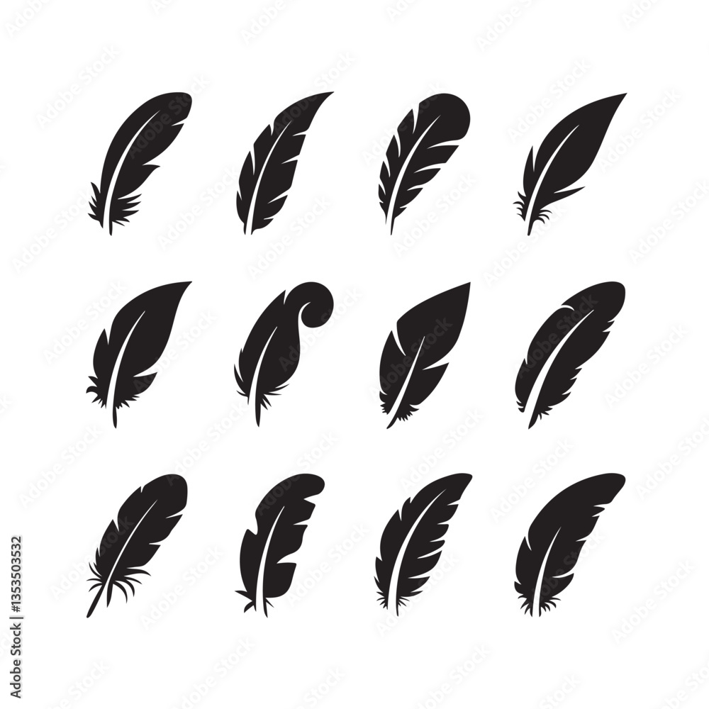 Bird Feather Set. Vector collection of feathers in a flat style, featuring black quill feather silhouettes and pen icons. Plumelet designs isolated on a white background. Bird Feather Set. Vector collection of feathers in a flat style, featuring black quill feather silhouettes and pen icons. Plumelet designs isolated on a white background.