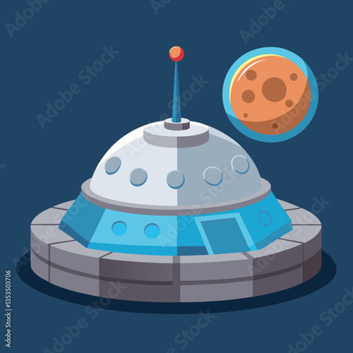 Futuristic UFO Base Vector Illustration, A modern vector illustration of a UFO base with a domed structure, blue accents, and a nearby moon, designed in a sci-fi style.
