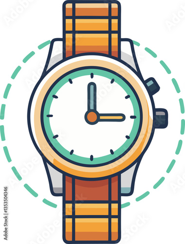 Stylish Wristwatch Vector Illustration, A modern vector illustration of a wristwatch with a plaid strap, clean white dial, and simple watch hands, surrounded by a dashed circle.
