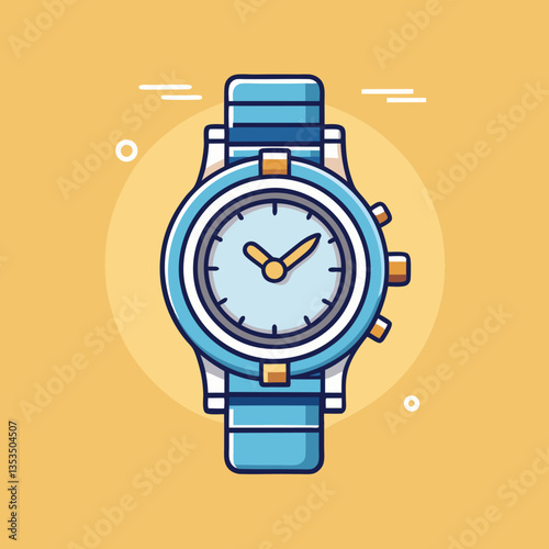 Blue Wristwatch Vector Illustration, A vibrant vector illustration of a blue wristwatch with a simple dial and modern design, set against a yellow background.
