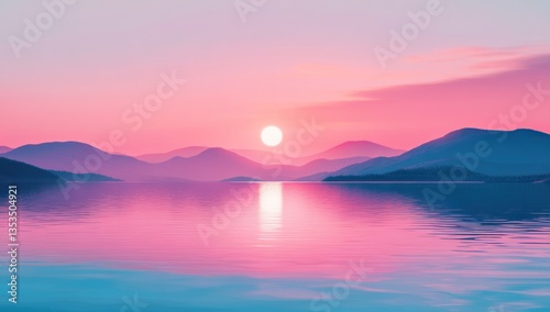 Serene Pink Sunrise Over Mountain Lake Landscape