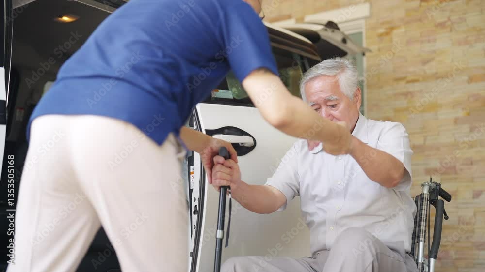 Asian man caregiver or taxi driver helping senior man patient get in the car to get to medical appointments or healthcare therapy sessions at hospital. Assisted elderly patient transportation services